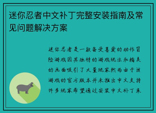 迷你忍者中文补丁完整安装指南及常见问题解决方案 迷你忍者中文补丁完整安装指南及常见问题解决方案